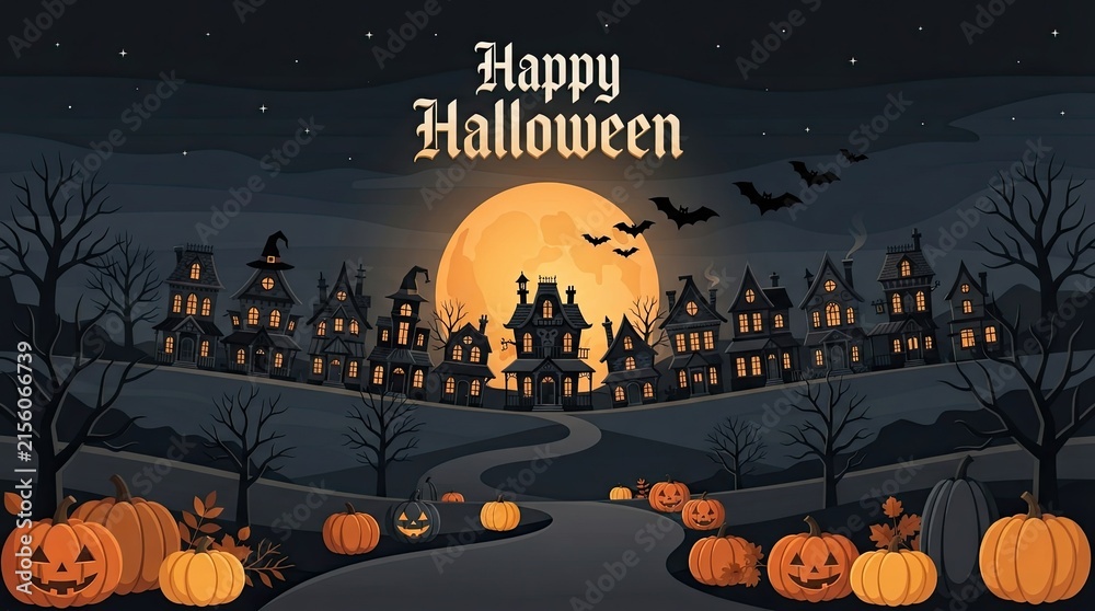 Fototapeta premium Spooky halloween night scene with a full moon and silhouetted haunted house