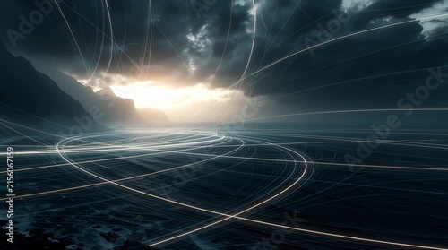 Surreal photorealistic landscape where invisible gravitational forces appear as glowing geometric lines gently curving mountains, oceans and clouds, visualizing the hidden forces shaping the natural w
