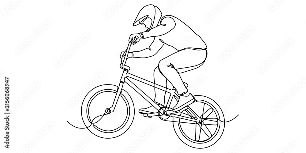 Fototapeta premium Continuous one line drawing of a person riding a bmx bike with a helmet