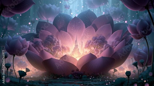 Vast botanical garden where every flower reveals a different possible future instead of ordinary petals, with tiny worlds visible inside each blossom. Surreal nature, luminous details and cinematic de
