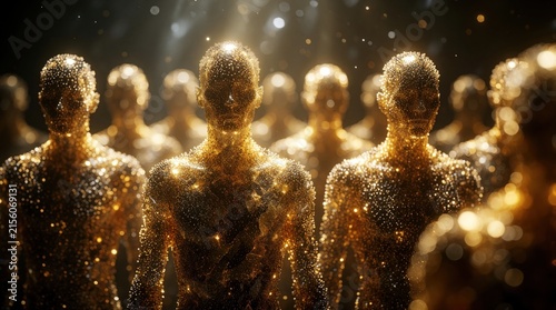 Golden figures composed of shimmering particles gather in dark space. Light sparkles around abstract human forms, creating sense of community, digital art. Composition suggests unity, glowing energy.