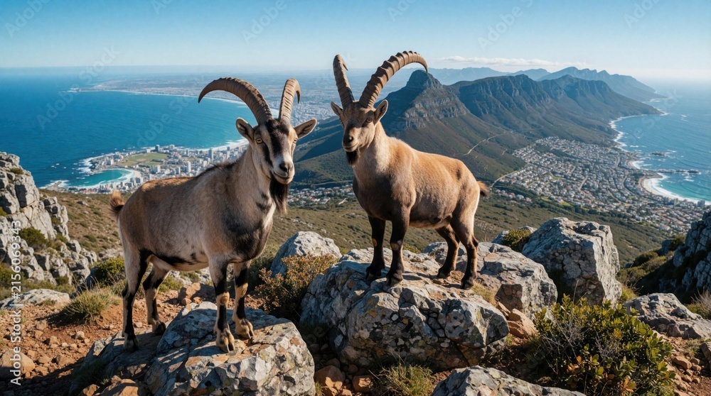 Fototapeta premium Two wild horned goats stand on rocky mountain peak. Look over scenic coastal city, blue ocean. Beautiful landscape view with mountains, sea under clear sky. Majestic wildlife in natural habitat
