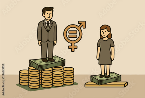 Conceptual illustration of the gender wage gap depicting a man and a woman standing on unequal stacks of money.
