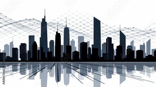 High Tech City illustration of urban skyline on white background. Dark silhouettes of tall buildings with geometric lines within sky. Modern skyscrapers reflect on ground below. Abstract network