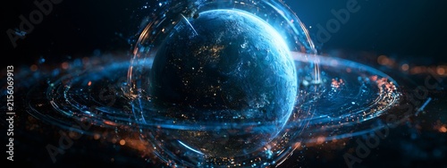 Glowing Digital Rings Surrounding Earth in a Cosmic Fantasy Scene with Vibrant Visual Effects