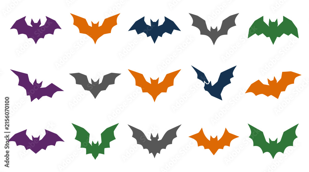 Obraz premium Halloween Halloween bat collection. Colorful vector silhouettes of flying bats in orange, purple, green, blue and grey for spooky holiday design elements. isolated on White Background Halloween