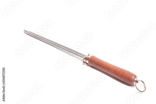 Knife sharpener with wooden handle isolated on white background.