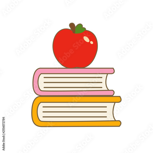 Stack of colorful books topped with a red apple education learning knowledge stationary academic supplies illustration transparent bookworm literacy classroom schooling as transparent PNG