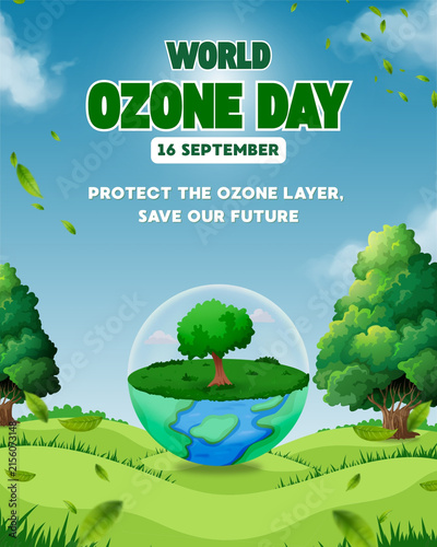 World Ozone Day illustration with trees and globe promoting environmental protection and a sustainable future