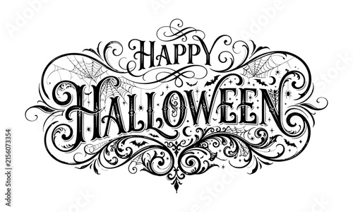 Ornate Black and White Happy Halloween Calligraphy with Spooky Filigree and Spiderwebs