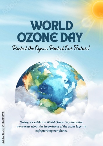 World Ozone Day poster with watercolor earth illustration and blue sky background
