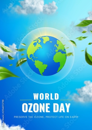 фотографія World Ozone Day concept with globe and leaves against a bright blue sky
