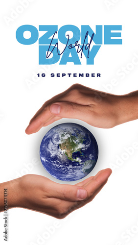 World Ozone Day concept with hands cradling the earth and blue typography
