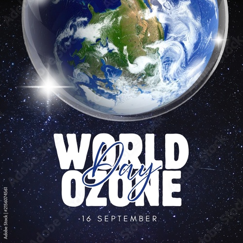 Earth globe with swirling clouds and ozone day typography on a dark starry background