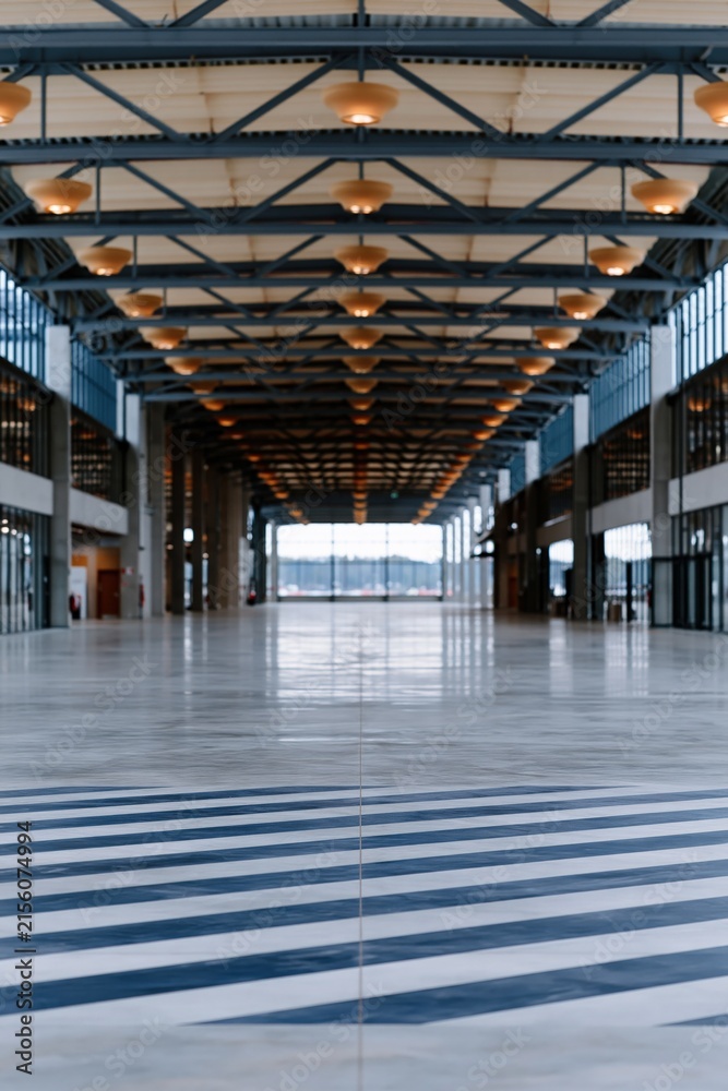 Fototapeta premium Wide empty exhibition hall with diagonal striped floor and overhead lighting for architectural background and event banner design