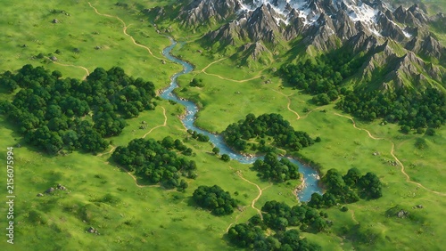 A top-down view of a fantasy strategy game map. Lush green meadows, forests, mountains, rivers, roads, medieval style. Game background image.