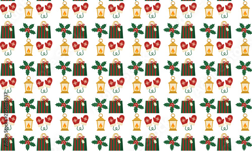 Seamless Christmas Pattern with Mittens, Lanterns, Gift Boxes and Holly Leaves