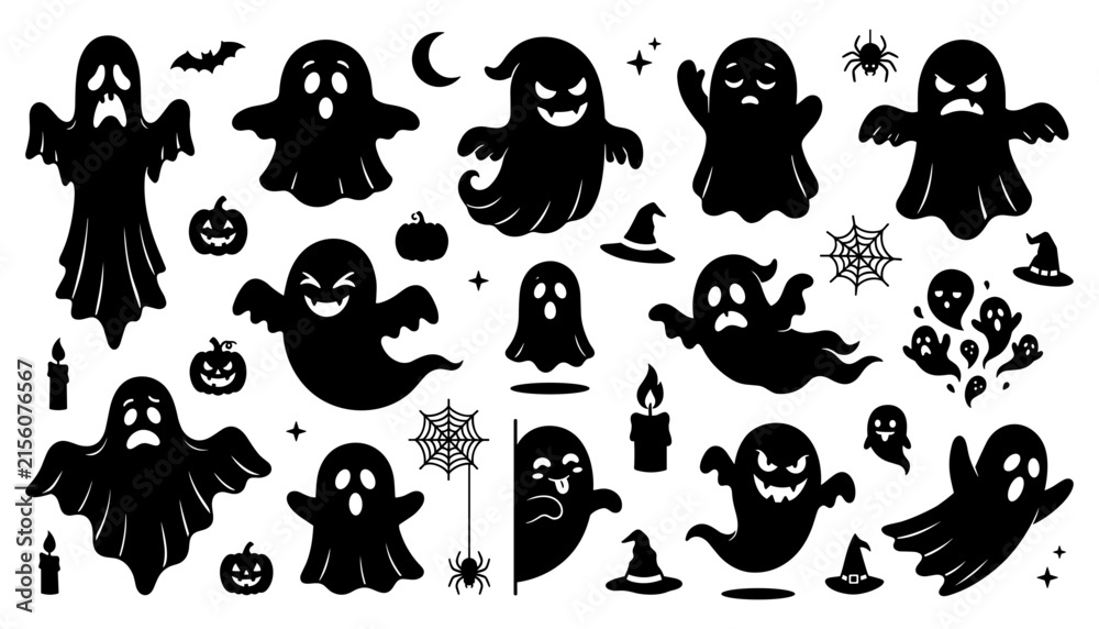 Obraz premium halloween, ghost, spooky, haunted, creepy, silhouette, spirits, pumpkin, bats, witch, candle, moon, horror, scary, supernatural, paranormal, night, occult, monster, costume, decoration, holiday, cemet