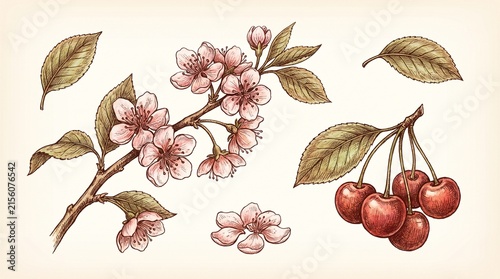 Vintage Hand Drawn Botanical Illustration of Cherry Tree Branch with Pink Blossoms and Ripe Red Fruit. Detailed Floral Sketch Set with Leaves and Flowers for Nature Decor and Greeting Card Design.
