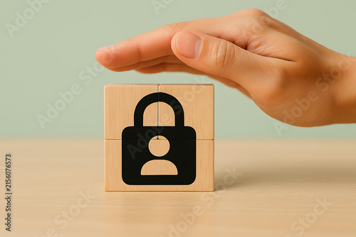 Wooden blocks forming a padlock shape are protected by a human hand symbolizing security