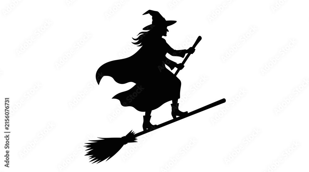 Obraz premium Halloween, Flying witch silhouette on broomstick magic character symbol cartoon flat design Halloween party decorations horror motif Black shape on white background illustration Vector