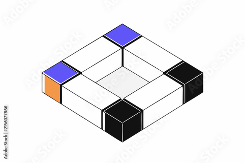 Abstract 3D Cubes Union in Black, Orange, and Blue Colors