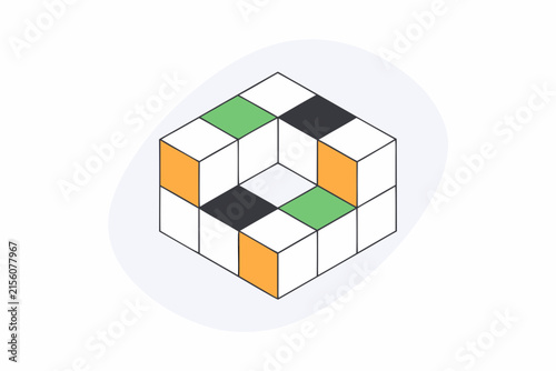 Abstract 3D Cube Illustration with Black, White, Green, and Orange Colors