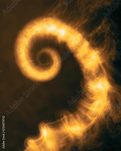 Abstract golden smoke spiral glowing against a dark background, with flowing wispy curves, warm amber light and dramatic copy space for creative designs.