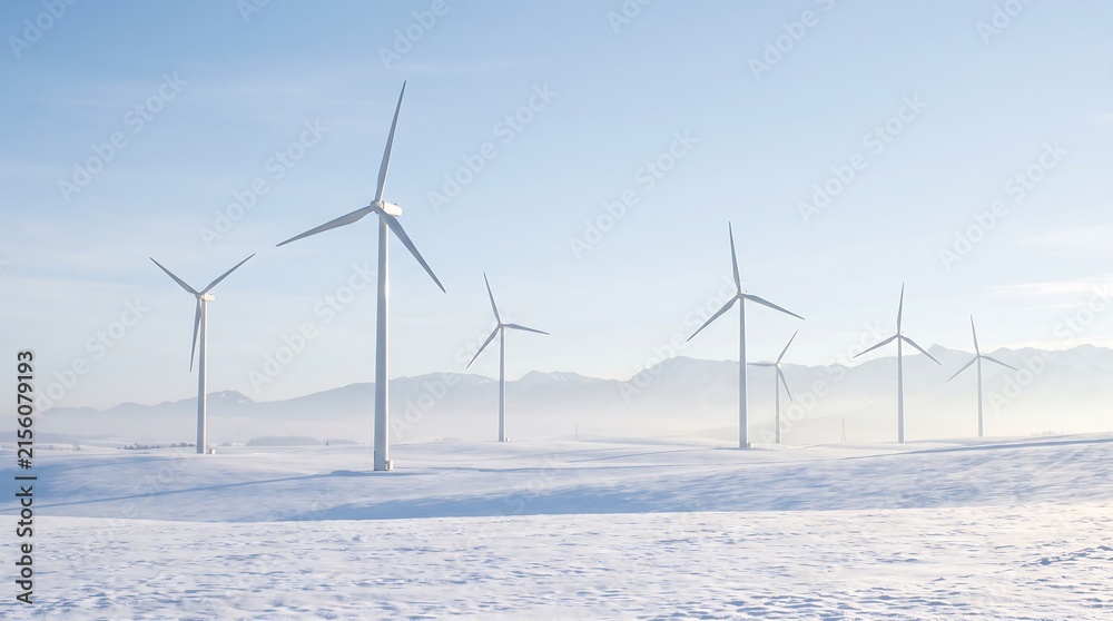 Fototapeta premium Modern wind turbines standing tall in a vast snow-covered winter landscape symbolizing sustainable and clean energy generation in cold conditions wind turbine renewable energy green energy