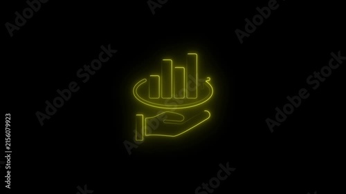 Neon business growth hand holding bar chart with rotating arrow for financial success and data analysis