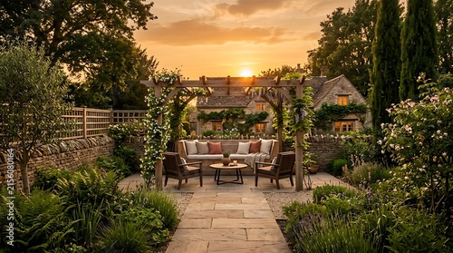 Golden sunset over a luxurious garden patio with wooden pergola