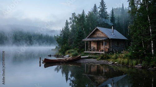 Cozy log cabin on a misty lake shore at dawn with canoe