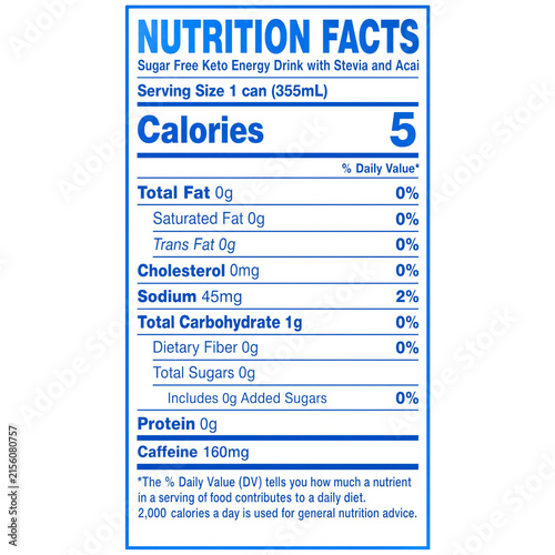 Bild auf Leinwand Vital nutritional data for a health-focused sugar-free energy beverage, showing