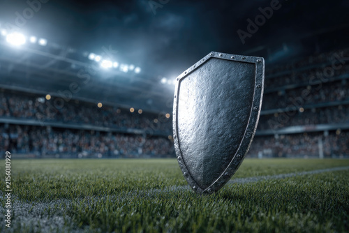 Shiny metal shield stands on green grass of soccer stadium field. Glowing lights illuminate pro arena with blurred crowd in background. Strong steel emblem victory defense, sports security. Concept