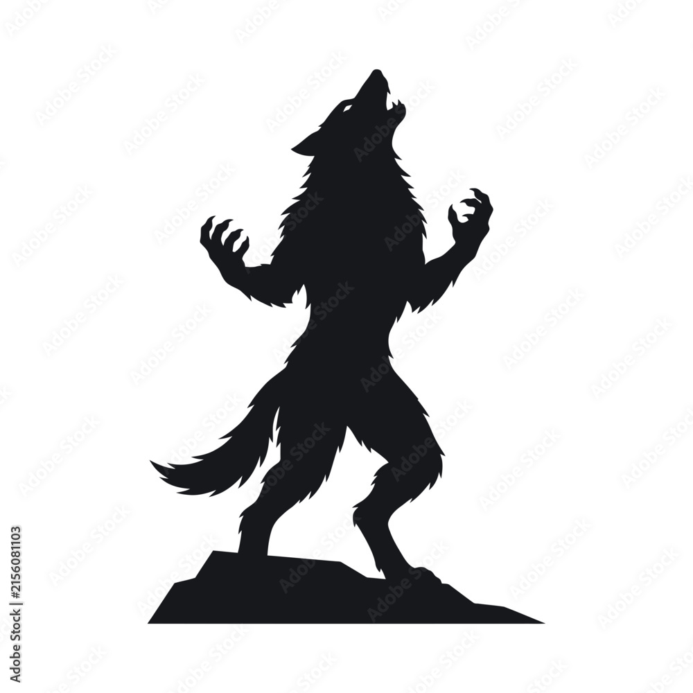 Fototapeta premium Silhouette of howling werewolf standing on hill. Wolf man howling at moon. Halloween monster vector illustration. Black shape concept for horror design.