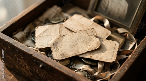 Vintage wooden chest filled with old weathered papers and memories