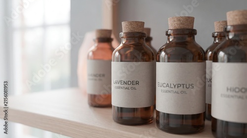 Several glass bottles of essential oils are lined on a wooden shelf in a well-lit room