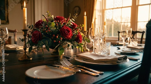 A formal dining table is set with plates, cutlery, and glasses. A bouquet of red roses is in the center. Candles are lit
