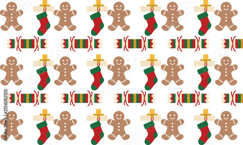 Seamless Christmas Pattern with Gingerbread Cookies, Stockings and Wrapped Candy