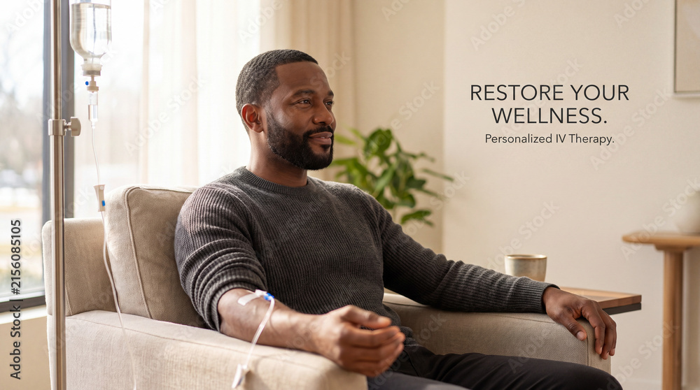 Fototapeta premium An adult man sits comfortably on a lounge chair receiving an intravenous infusion in a modern wellness clinic, health care procedure, healthy lifestyle, patient recovery.