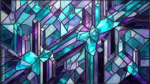 Abstract geometric stained glass window panel featuring dazzling iridescent turquoise and deep violet hues with intersecting linear patterns a true work of art