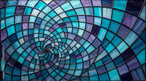 Detailed abstract swirling pattern of stained glass in shades of turquoise blue and purple creating a mesmerizing visual effect