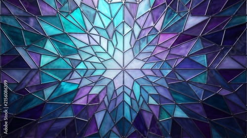 Intricate geometric stained glass pattern in shades of deep blue vibrant teal and royal purple creating a mesmerizing starburst effect