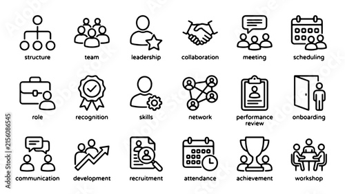 Human Resources, Business Management, Teamwork, and Corporate Development Line Icon Set