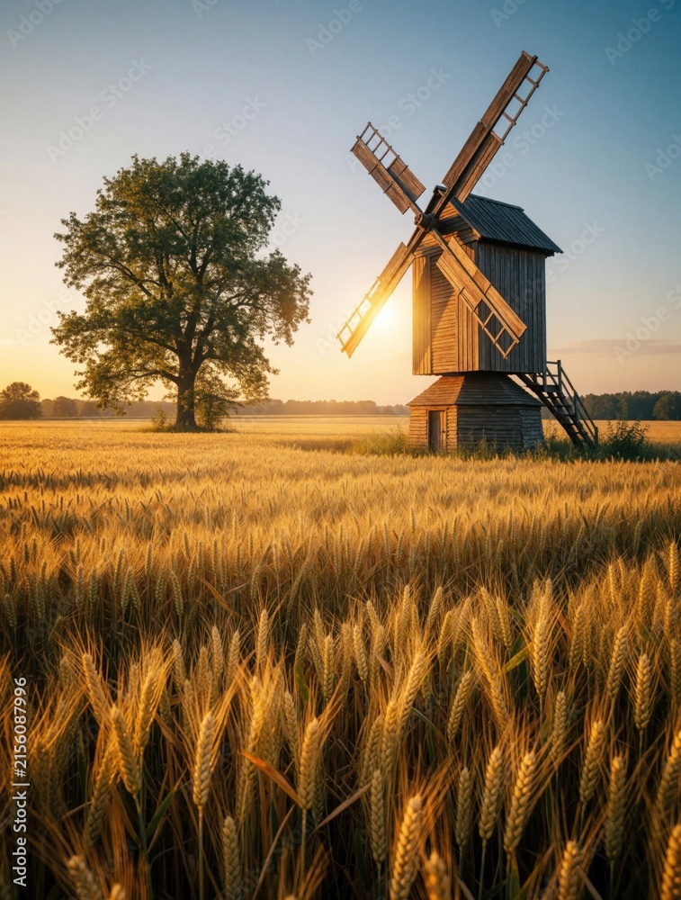 Fototapeta premium Golden wheat field basks in sunset glow near rustic wooden windmill. Lone tree stands against clear sky. Rural landscape evokes calm harvest season.