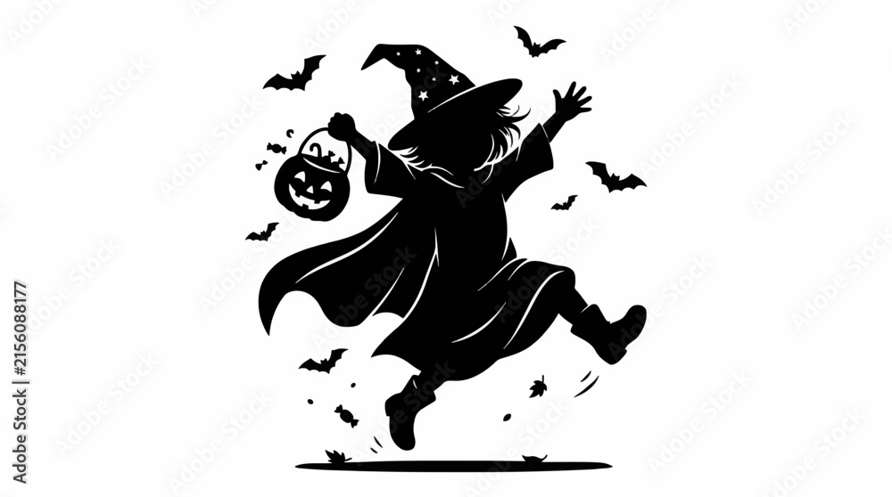 Fototapeta premium Halloween Silhouette of a Little Witch Jumping with Pumpkin and Bats