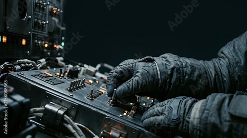 Obraz na płótnie Astronaut hands operating complex control panel in dimly lit spacecraft