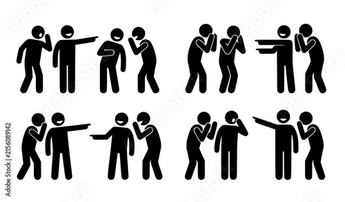 Fotografie Set of human figures in stickman style interacting with whispering and pointing