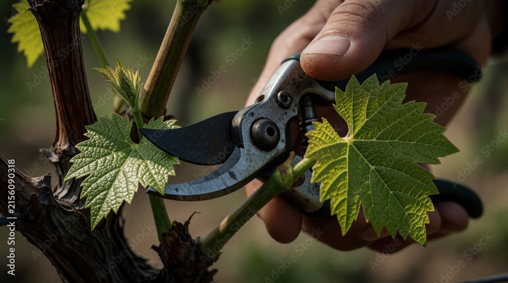Naklejka premium Hand trims young grape vine branch with shears. Green leaf on plant stem shows new growth in vineyard. Spring pruning action for future crop.