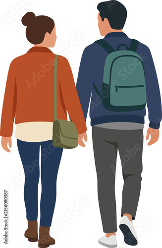 Man and Woman Walking Away Together with Backpack and Shoulder Bag